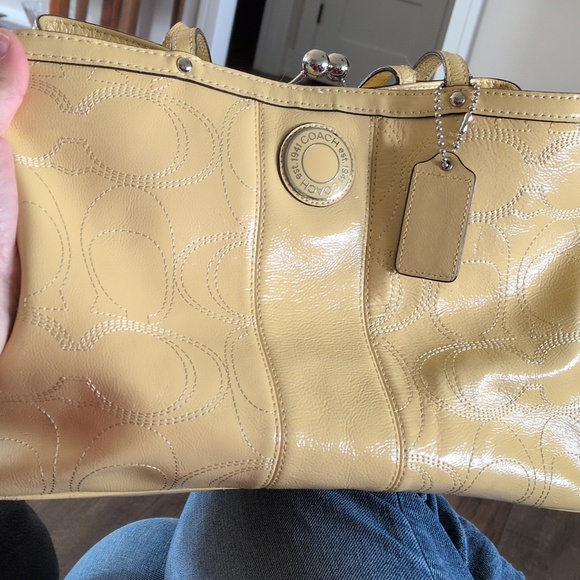 Coach Handbags - Coach Op Art Yellow Patent Leather With Stitched C Silver Kisslock Satchel